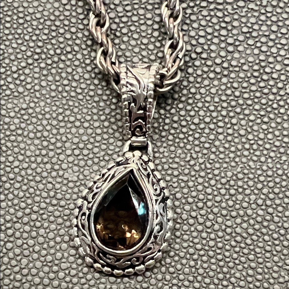 White House Black Market Silver Necklace with Smoky Quartz Teardrop Pendant